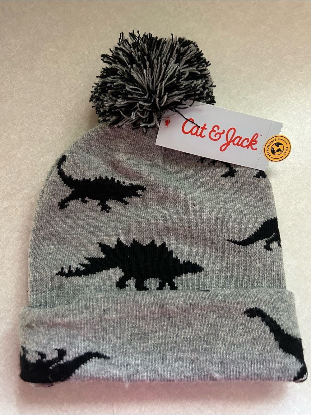 Cat & Jack Gray and Black Dinosaur Pom Beanie